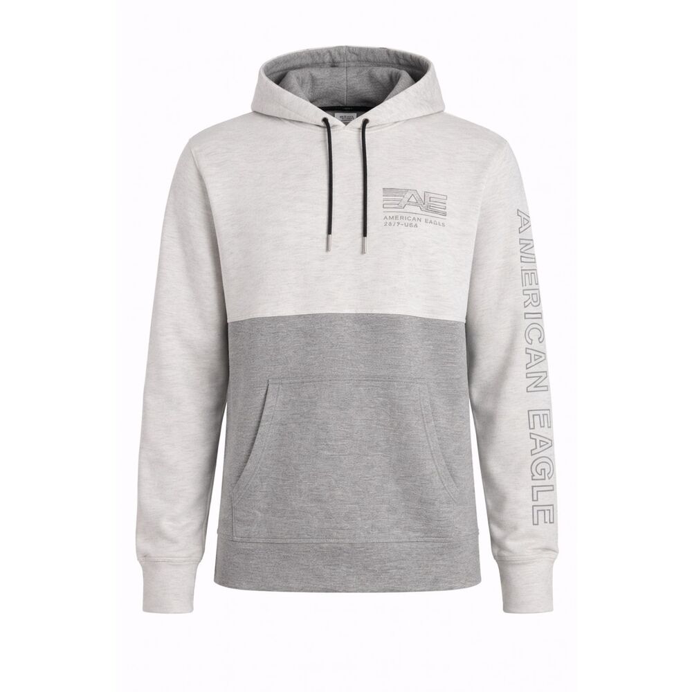 American Eagle AE Colorblock Hoodie XL Gray Pullover Sweatshirt Logo Sleeve